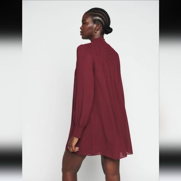 Reformation Brandi Smocked Mini Dress Relaxed Fit Chiffon Burgundy Size XL - Picture 14 of 15